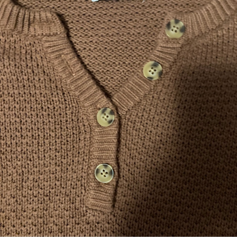 NWOT Sonoma brown chunky knit button front crew neck sweater hi-lo oversized - Picture 4 of 6